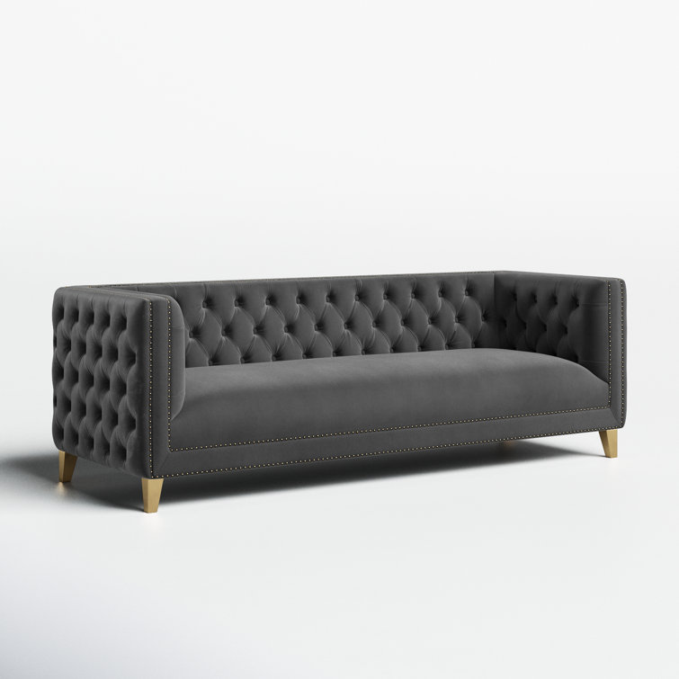 Michelle 90'' Grey Velvet Tufted Sofa with Gold Nailhead Trim