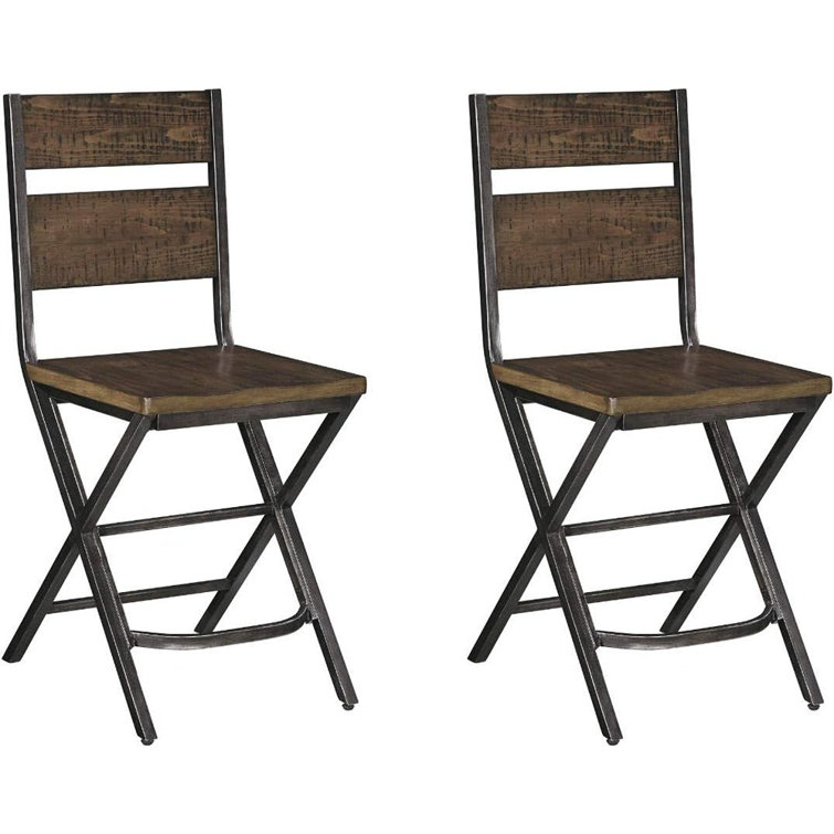 Transitional Two-Tone Brown Wood & Metal Counter Stool, Set of 2