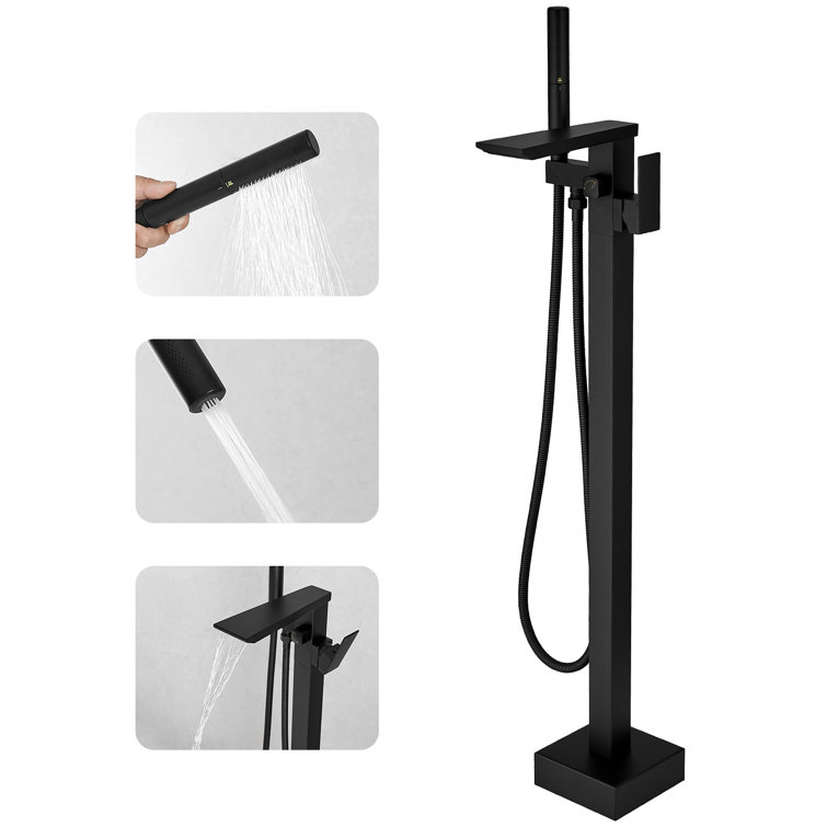 Matte Black Solid Brass Freestanding Tub Faucet with Handheld Shower