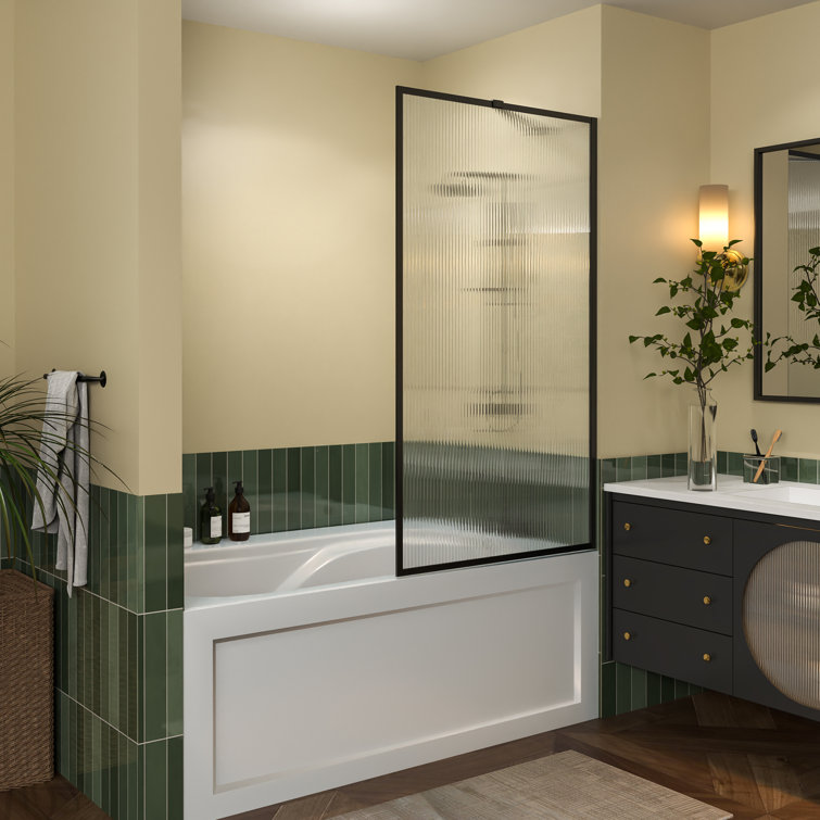 33"W x 58"H Matte Black Framed Fluted Glass Tub Door