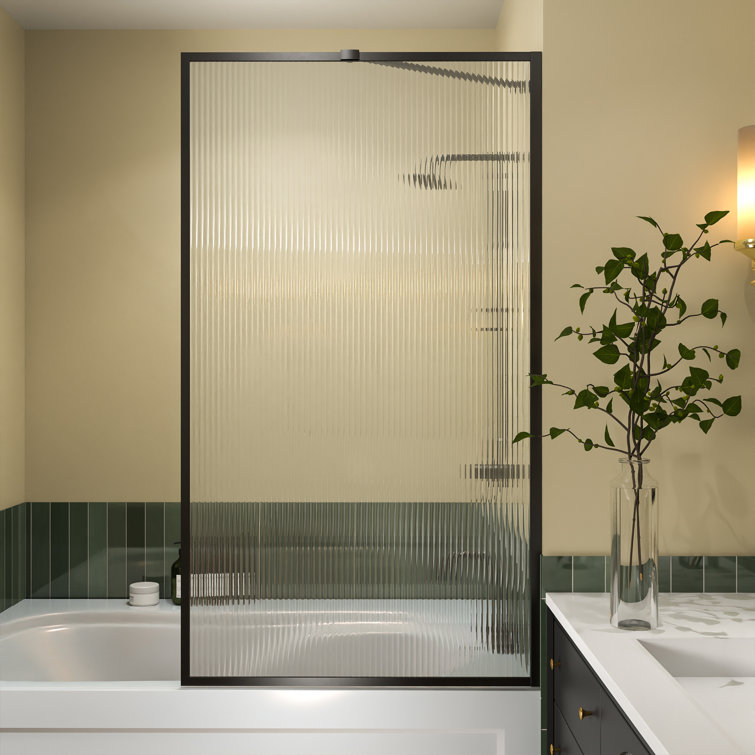 33"W x 58"H Matte Black Framed Fluted Glass Tub Door