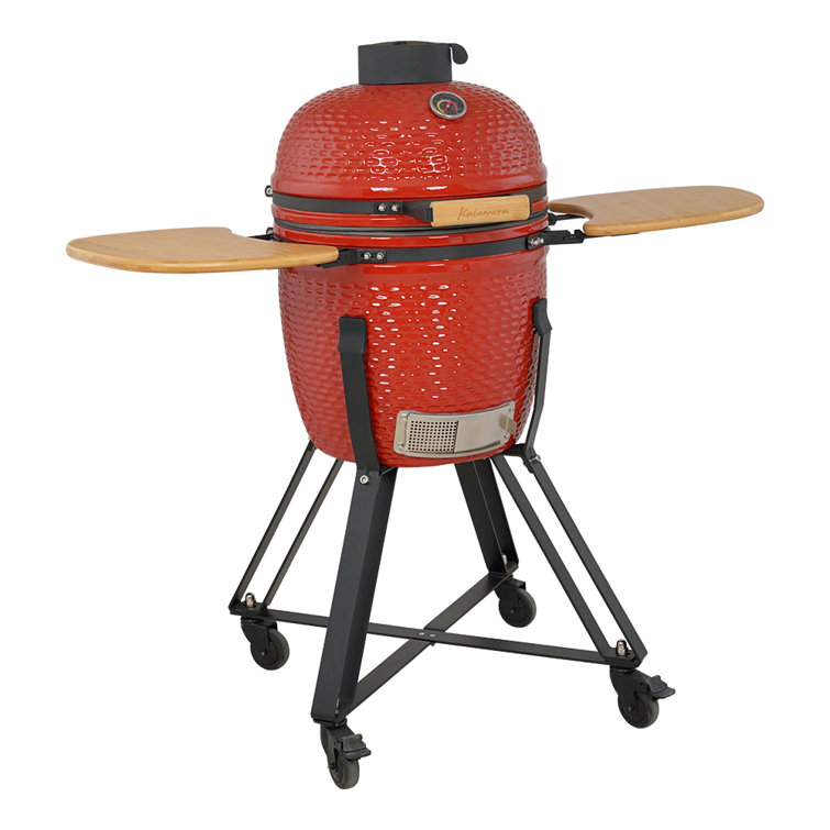 18" Red Ceramic Kamado Charcoal Grill with Folding Shelves