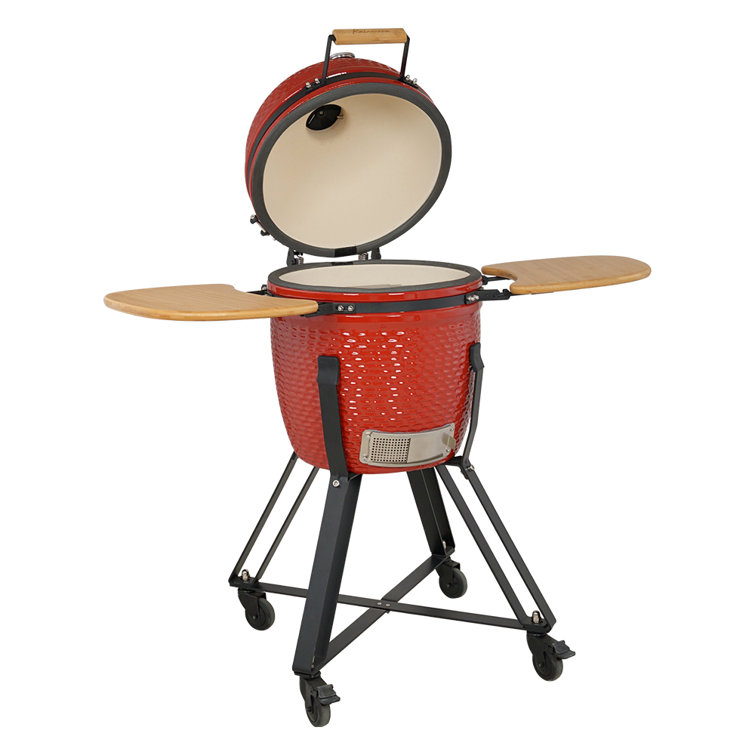 18" Red Ceramic Kamado Charcoal Grill with Folding Shelves