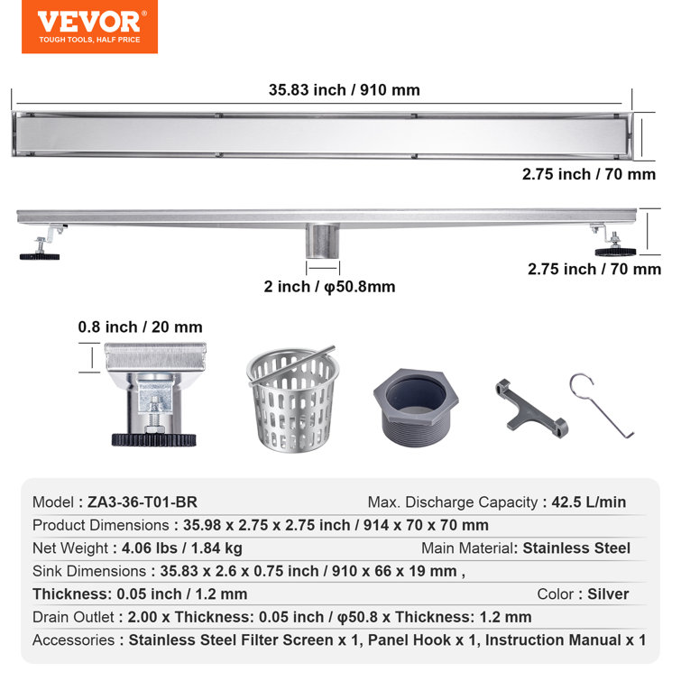 24 Inch Silver Stainless Steel Linear Shower Drain with Tile Insert Cover