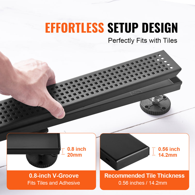 24'' Black Stainless Steel Linear Shower Drain with Square Pattern Grate