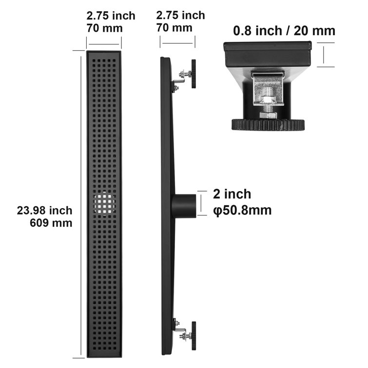 24'' Black Stainless Steel Linear Shower Drain with Square Pattern Grate