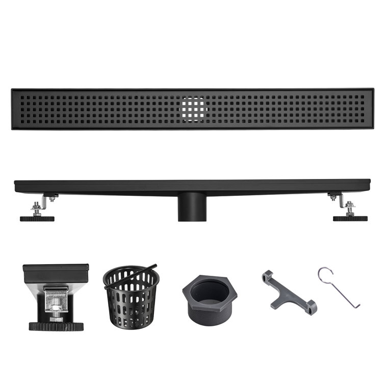 24'' Black Stainless Steel Linear Shower Drain with Square Pattern Grate