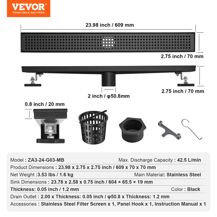 24'' Black Stainless Steel Linear Shower Drain with Square Pattern Grate