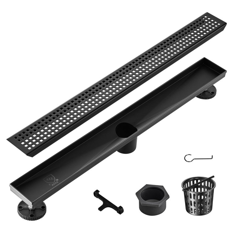 24'' Black Stainless Steel Linear Shower Drain with Square Pattern Grate