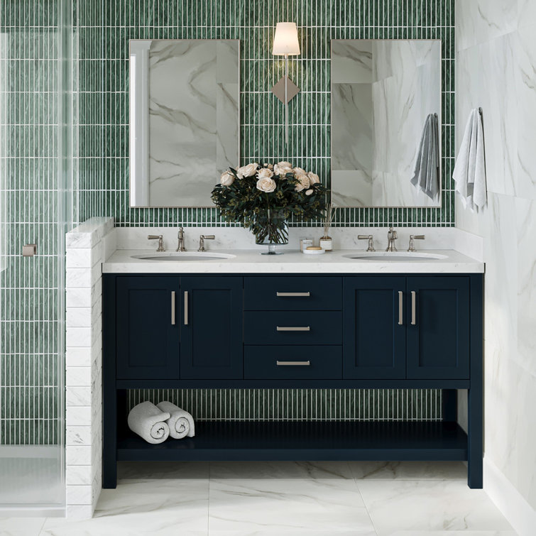 Midnight Blue Solid Wood Double Sink Freestanding Vanity with Quartz Top