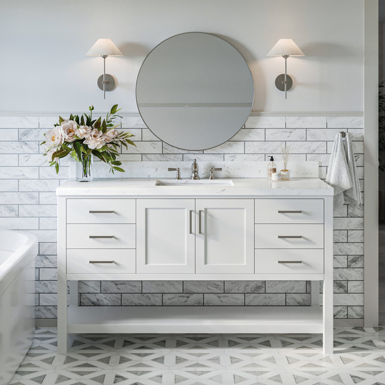 White 60" Single Sink Bathroom Vanity with Carrara Quartz Top