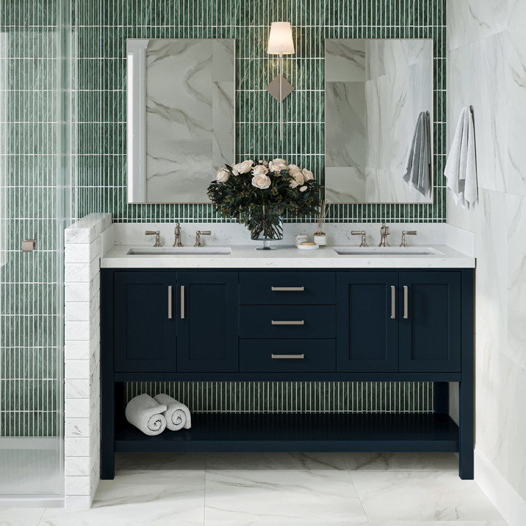 Midnight Blue Solid Wood Double Sink Freestanding Vanity with Quartz Top