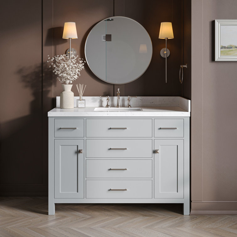 Gray Freestanding Single Sink Vanity with Carrara Quartz Top