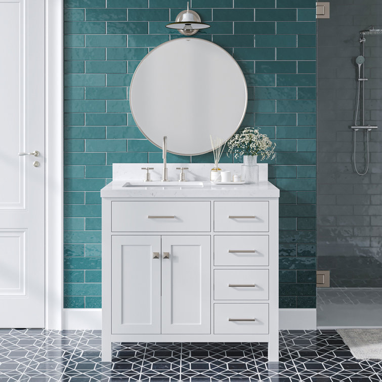 White Quartz Top Freestanding Single Sink Vanity, 36.25"