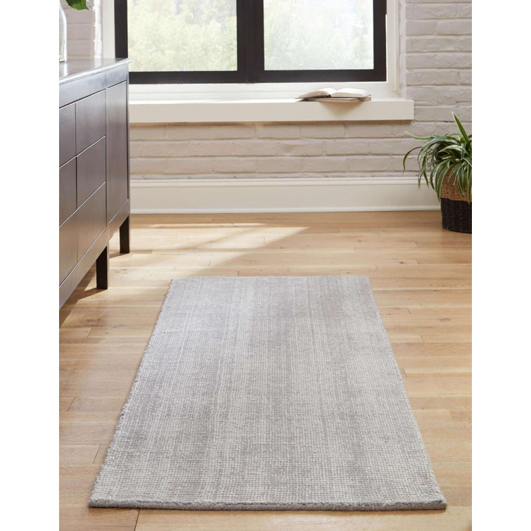 Hand-Knotted Gray Wool Runner Rug with Ivory Accents