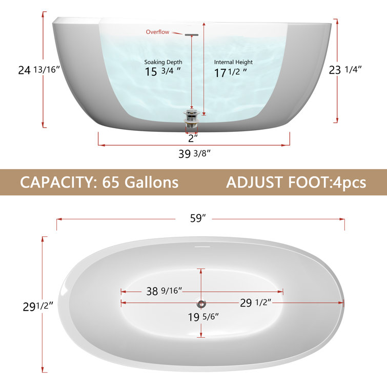 59'' White Acrylic Freestanding Soaking Bathtub