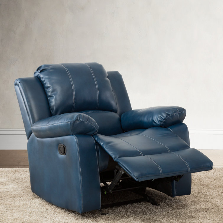 Midnight Blue Transitional Faux Leather & Wood Recliner Chair
