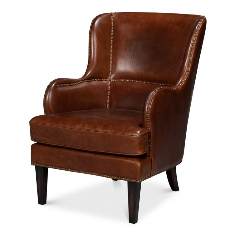 Brown Leather Wingback Chair with Solid Wood Frame