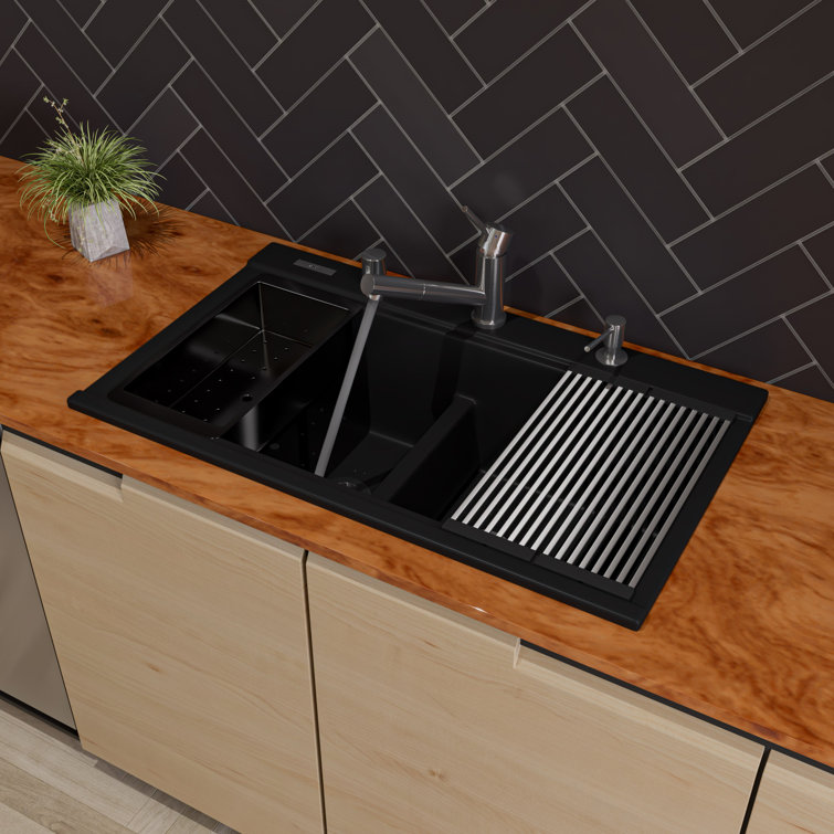 34'' Matte Black Granite Double Bowl Kitchen Sink