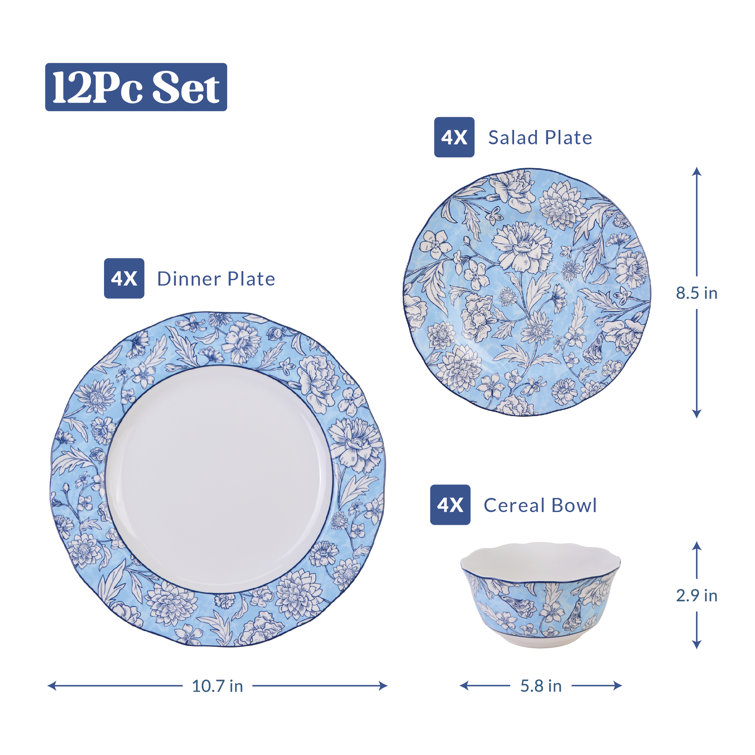 Cleremont Blue Floral Porcelain 12-Piece Dinnerware Set