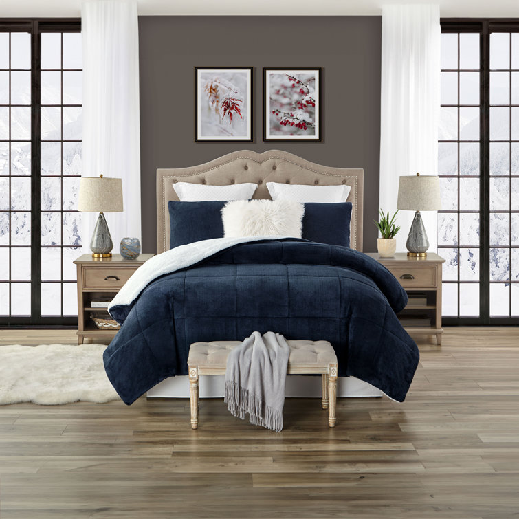 Navy King Reversible Faux Fur Comforter Set with Sherpa