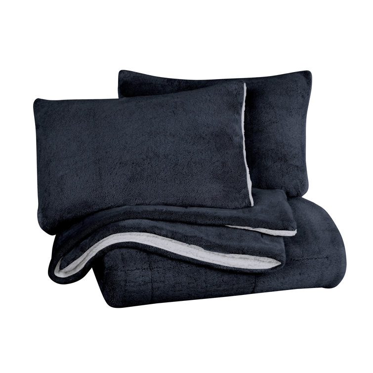 Navy King Reversible Faux Fur Comforter Set with Sherpa