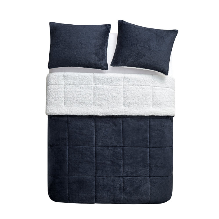 Navy King Reversible Faux Fur Comforter Set with Sherpa