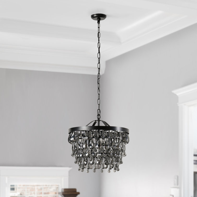 Black Glass Droplet Tiered Chandelier with Iron Frame