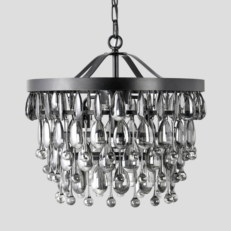 Black Glass Droplet Tiered Chandelier with Iron Frame