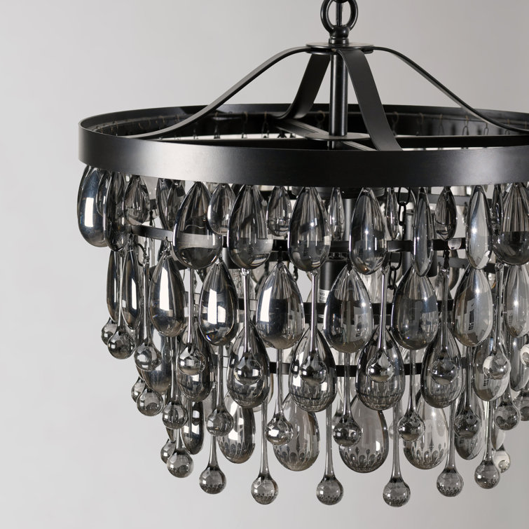Black Glass Droplet Tiered Chandelier with Iron Frame