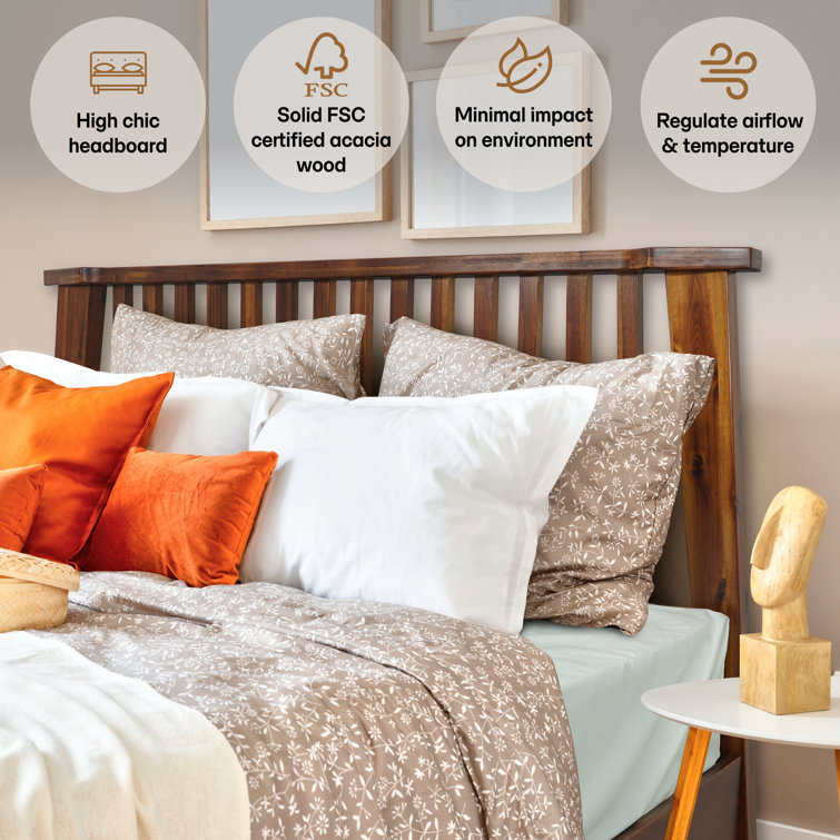 Queen Chocolate Acacia Wood Platform Bed Frame with Slatted Headboard