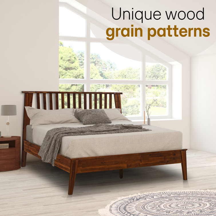 Queen Chocolate Acacia Wood Platform Bed Frame with Slatted Headboard