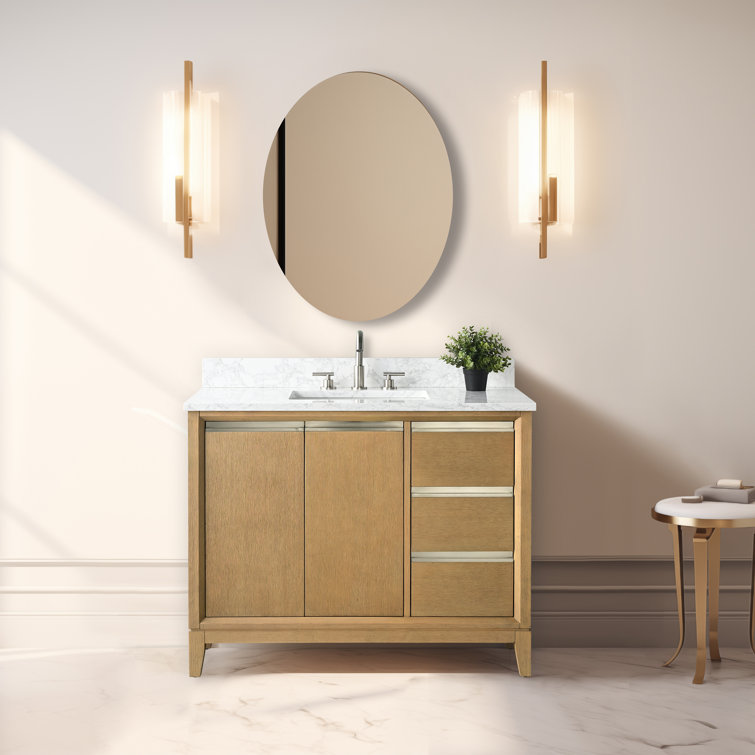 Natural Oak Single Sink Bathroom Vanity with Marble Top