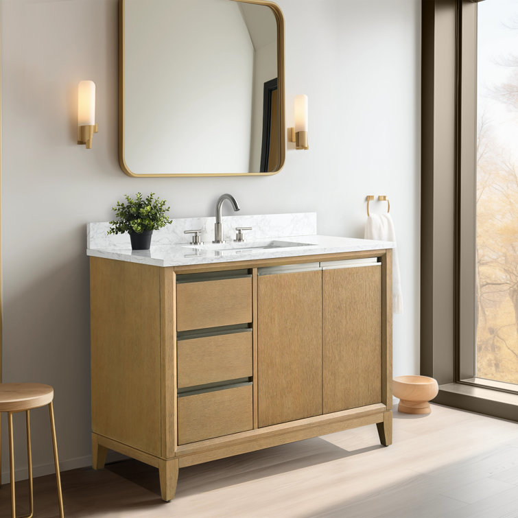 Natural Oak Single Sink Bathroom Vanity with Marble Top