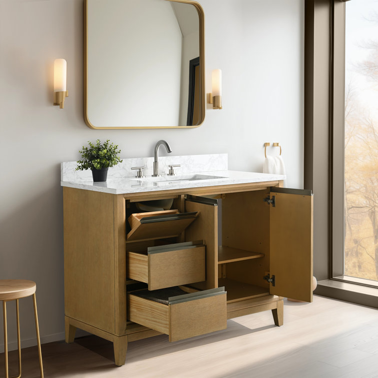 Natural Oak Single Sink Bathroom Vanity with Marble Top