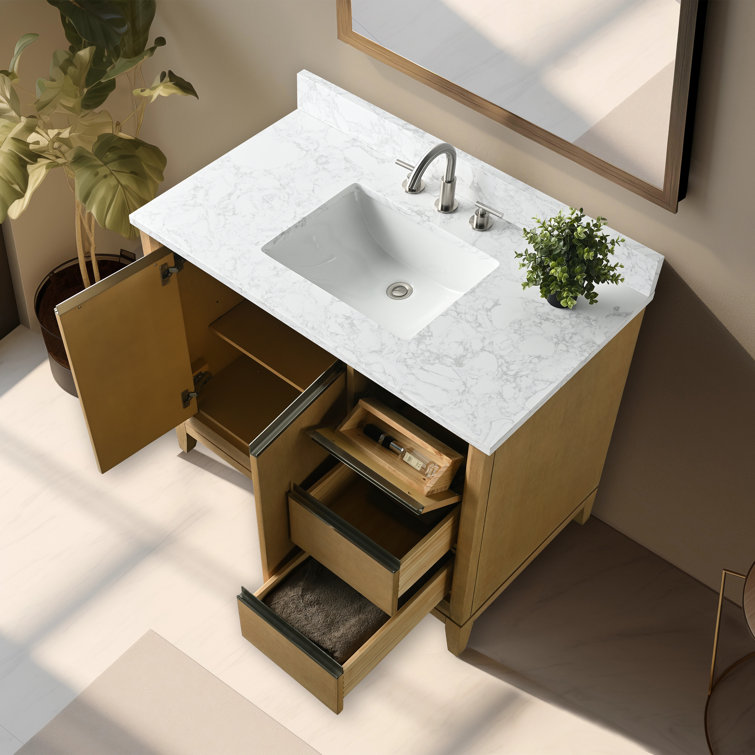 Natural Oak Single Sink Bathroom Vanity with Marble Top