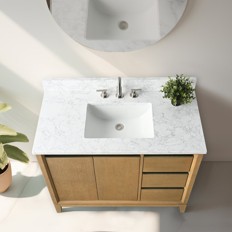 Natural Oak Single Sink Bathroom Vanity with Marble Top