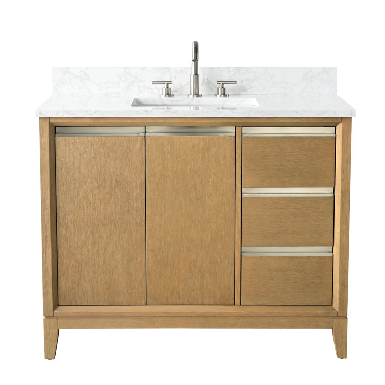 Natural Oak Single Sink Bathroom Vanity with Marble Top