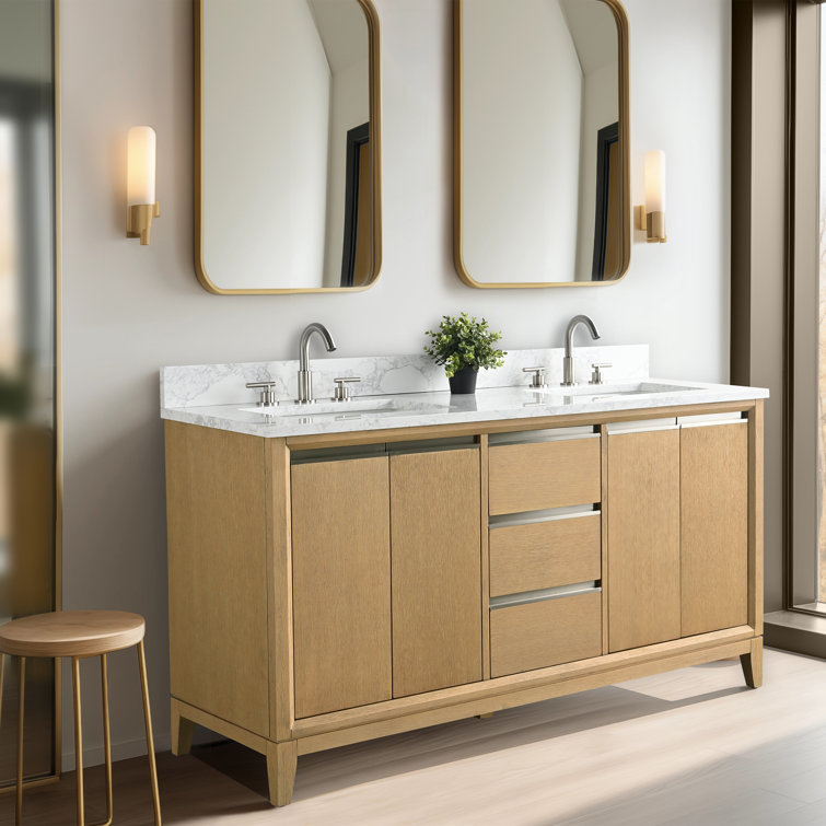 60" Natural Oak Double Sink Bathroom Vanity with Engineered Marble Top