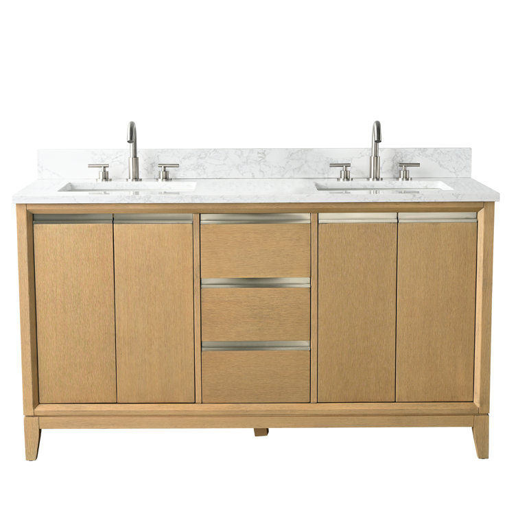 60" Natural Oak Double Sink Bathroom Vanity with Engineered Marble Top