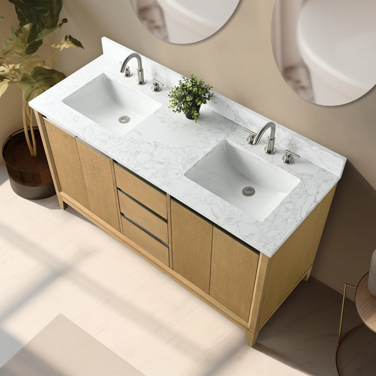60" Natural Oak Double Sink Bathroom Vanity with Engineered Marble Top