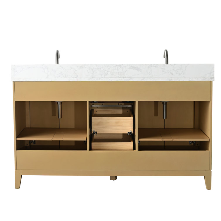 60" Natural Oak Double Sink Bathroom Vanity with Engineered Marble Top