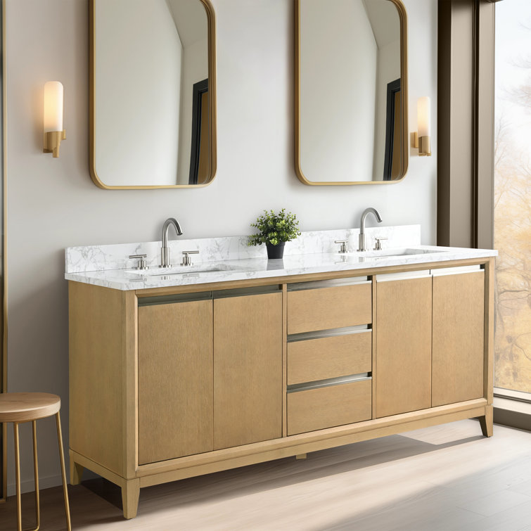 72" Natural Oak Double Sink Bathroom Vanity with Marble Top