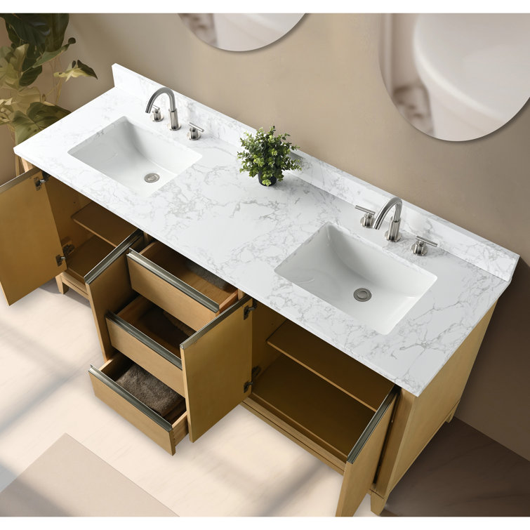 72" Natural Oak Double Sink Bathroom Vanity with Marble Top