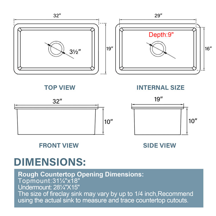 32'' White Fireclay Single Bowl Undermount Kitchen Sink