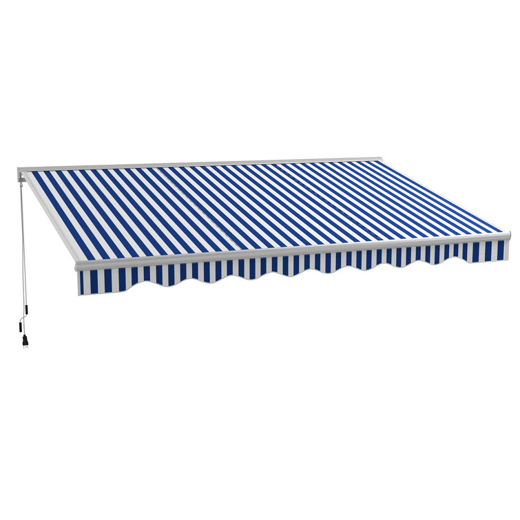 Blue and White Striped Retractable Patio Awning with LED Lights