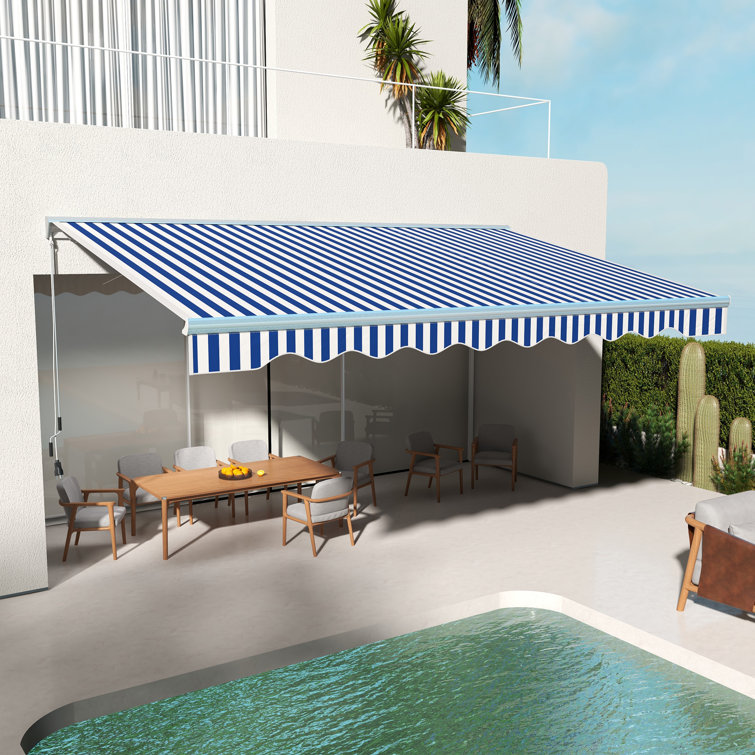 Blue and White Striped Retractable Patio Awning with LED Lights