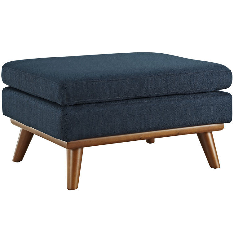 Mid-Century Azure Tufted Fabric Ottoman with Cherry Stained Rubberwood Frame