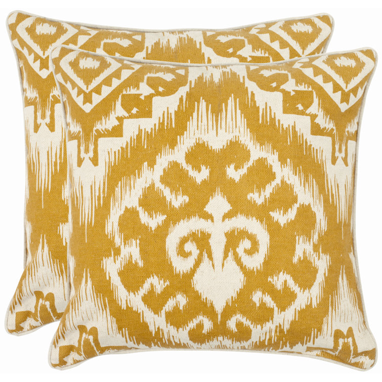 Saffron Beige Ikat Cotton Blend Square Throw Pillow Set