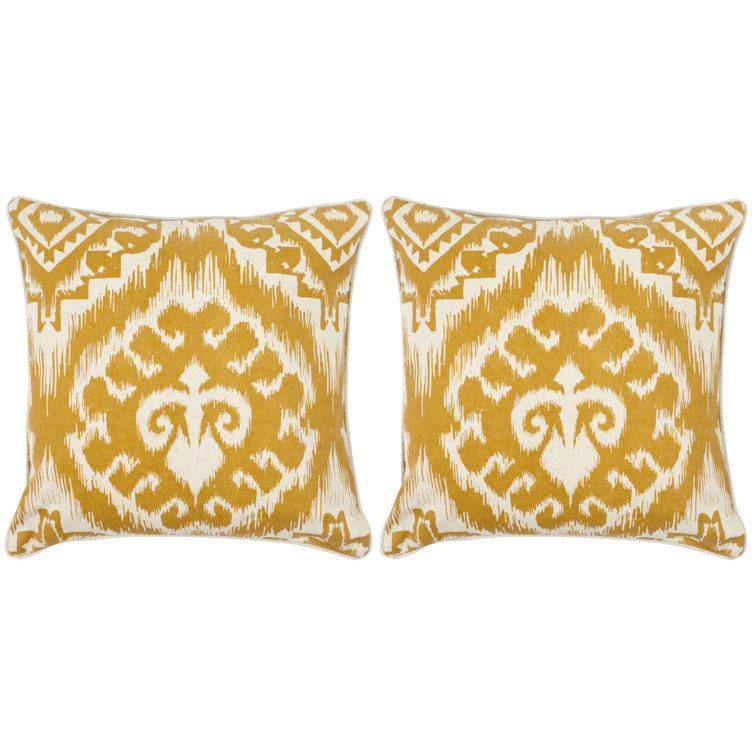 Saffron Beige Ikat Cotton Blend Square Throw Pillow Set